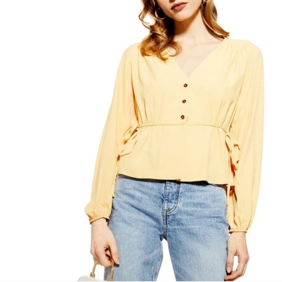 TOPSHOP Ella Side Tie Top Blouse Light Yellow 2 - Picture 2 of 5